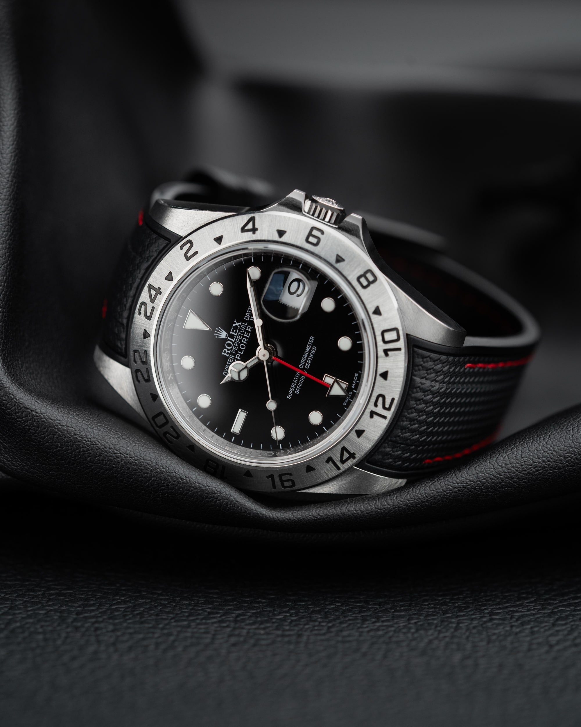 Curved Premium Rubber Strap for Rolex Explorer 16570 - Black Woven & Red Stitches