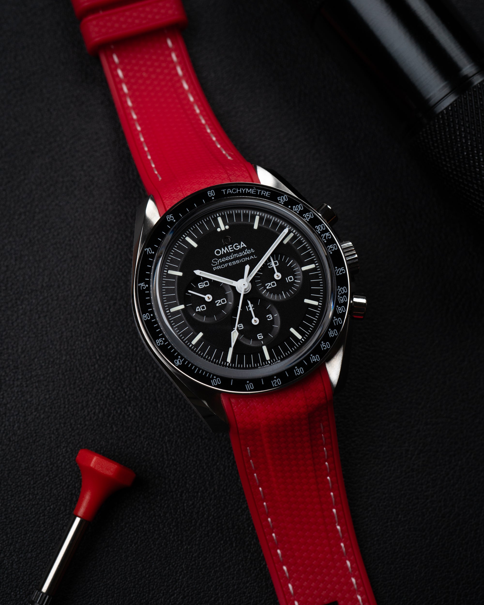 Curved Premium Rubber Strap for Speedmaster - Red Woven With White Stripes