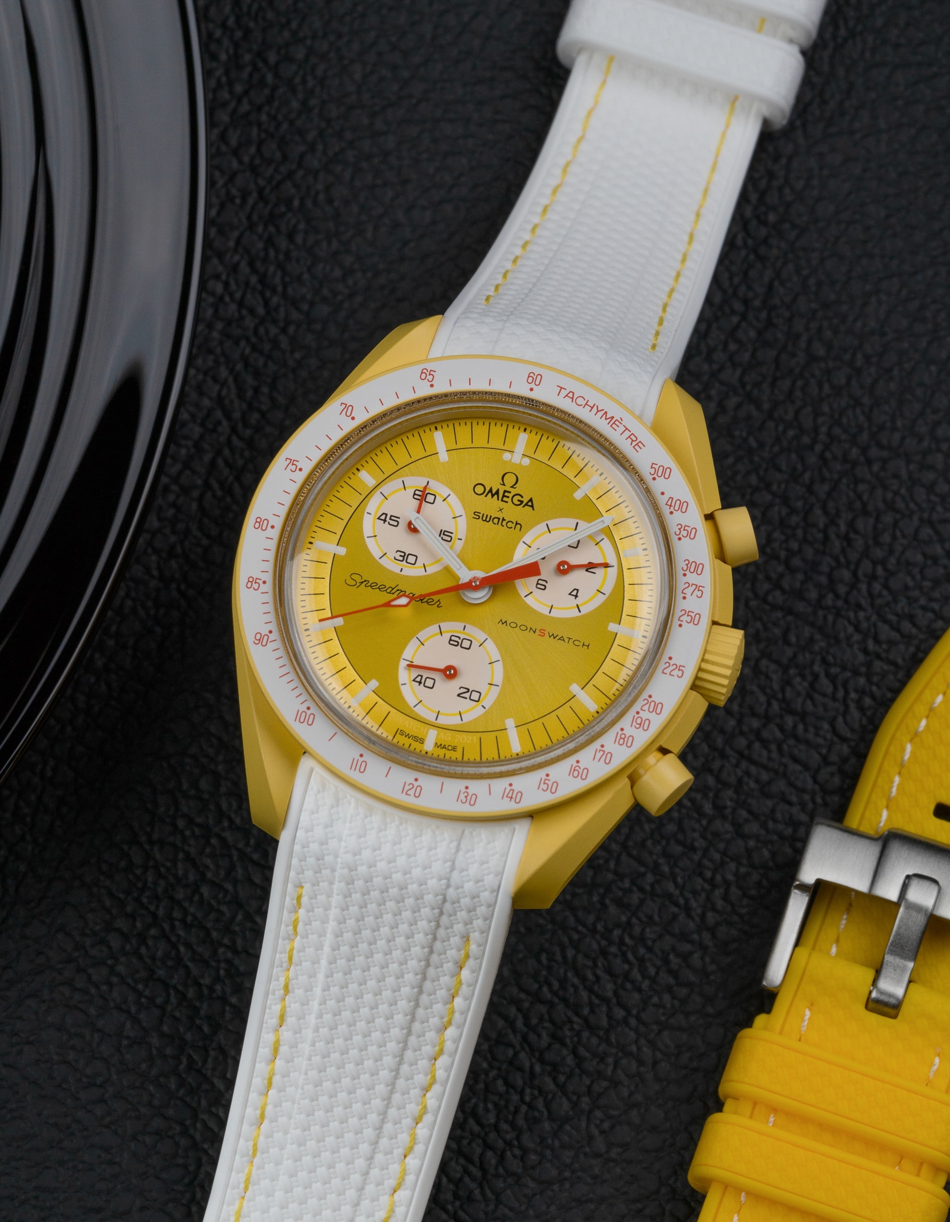 Curved Premium Rubber Strap - White & Yellow Stitches