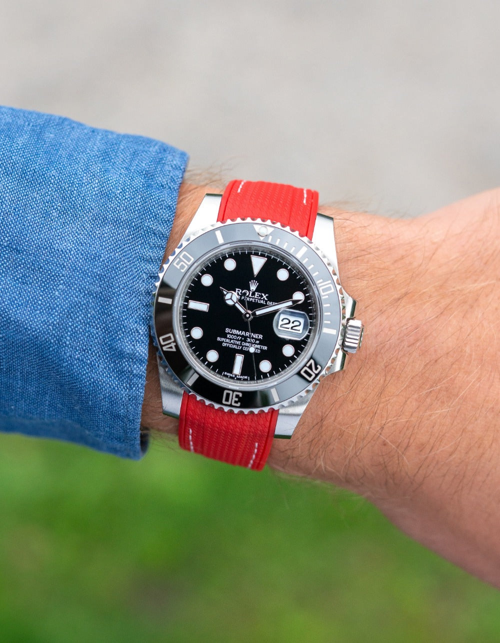 Curved Premium Rubber Strap for Rolex Submariner - Red Woven With White Stitches