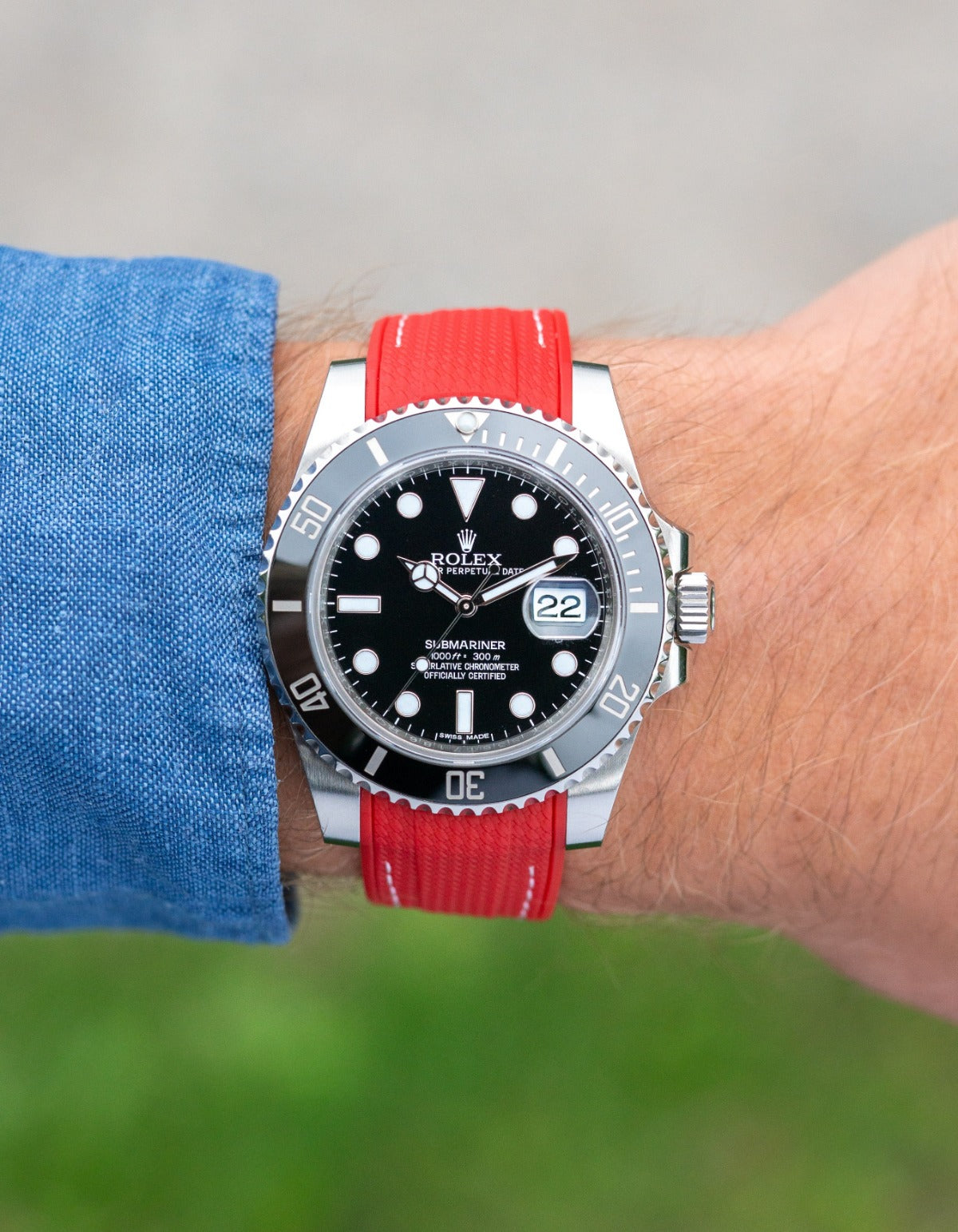 Curved Premium Rubber Strap for Rolex Submariner - Red Woven With White Stitches