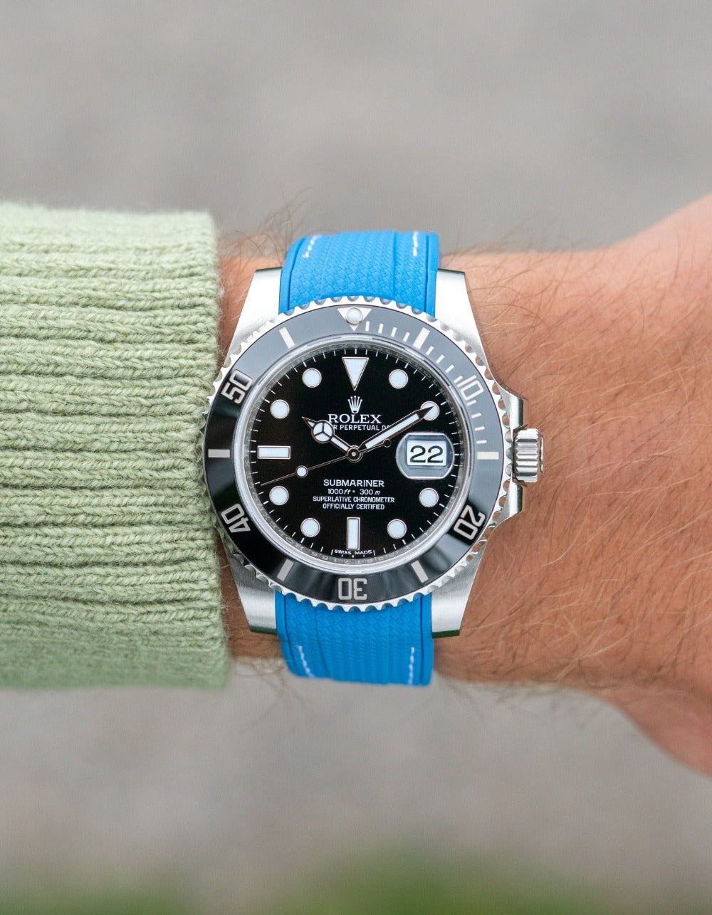 Curved Premium Rubber Strap for Rolex Submariner - Azure Blue Woven