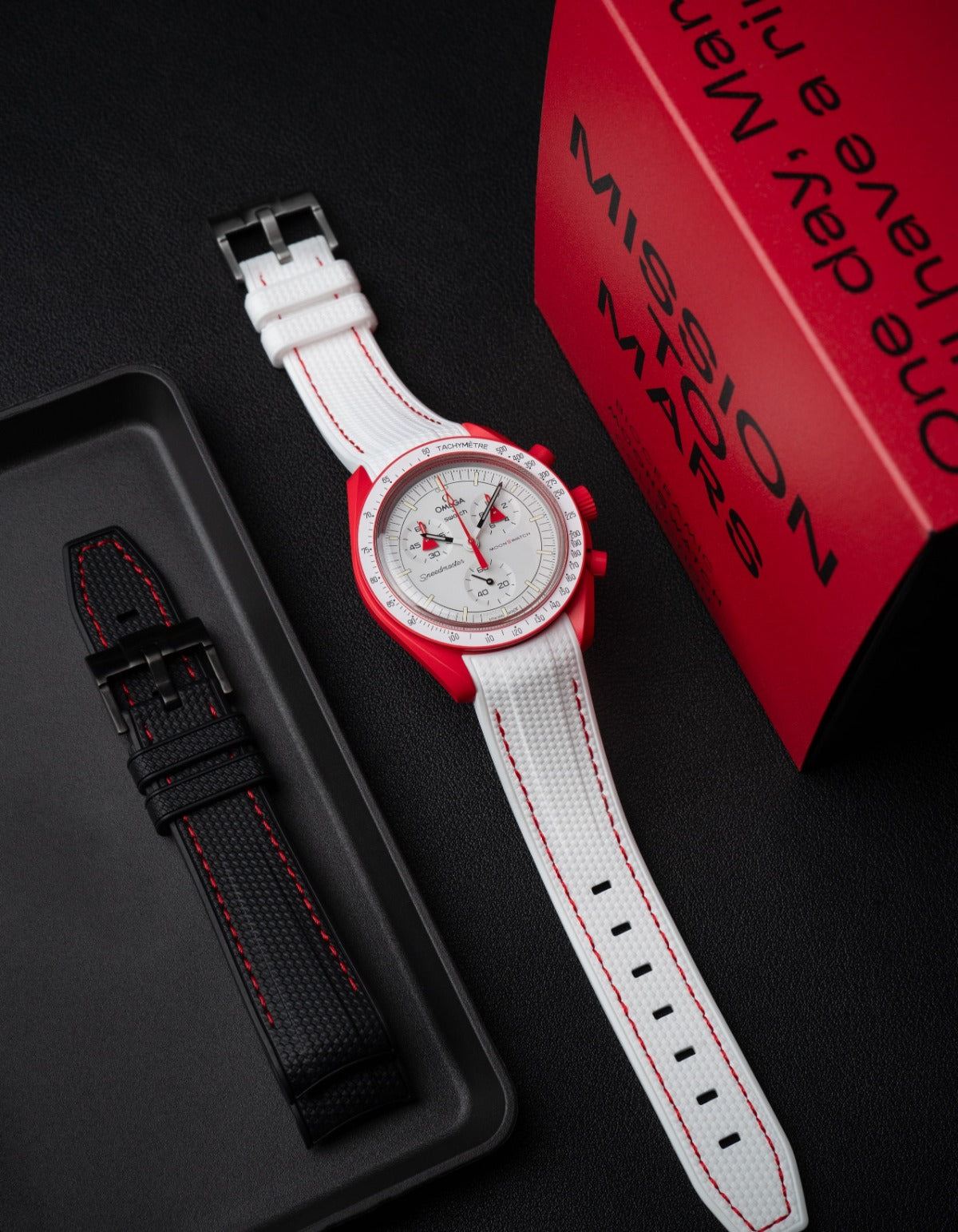 Curved Premium Rubber Strap - White & Red Stitches